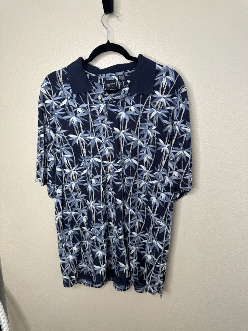 Arrow Mens Blue Bamboo Print Polo Shirt XL Cotton Blend Casual Lightweight